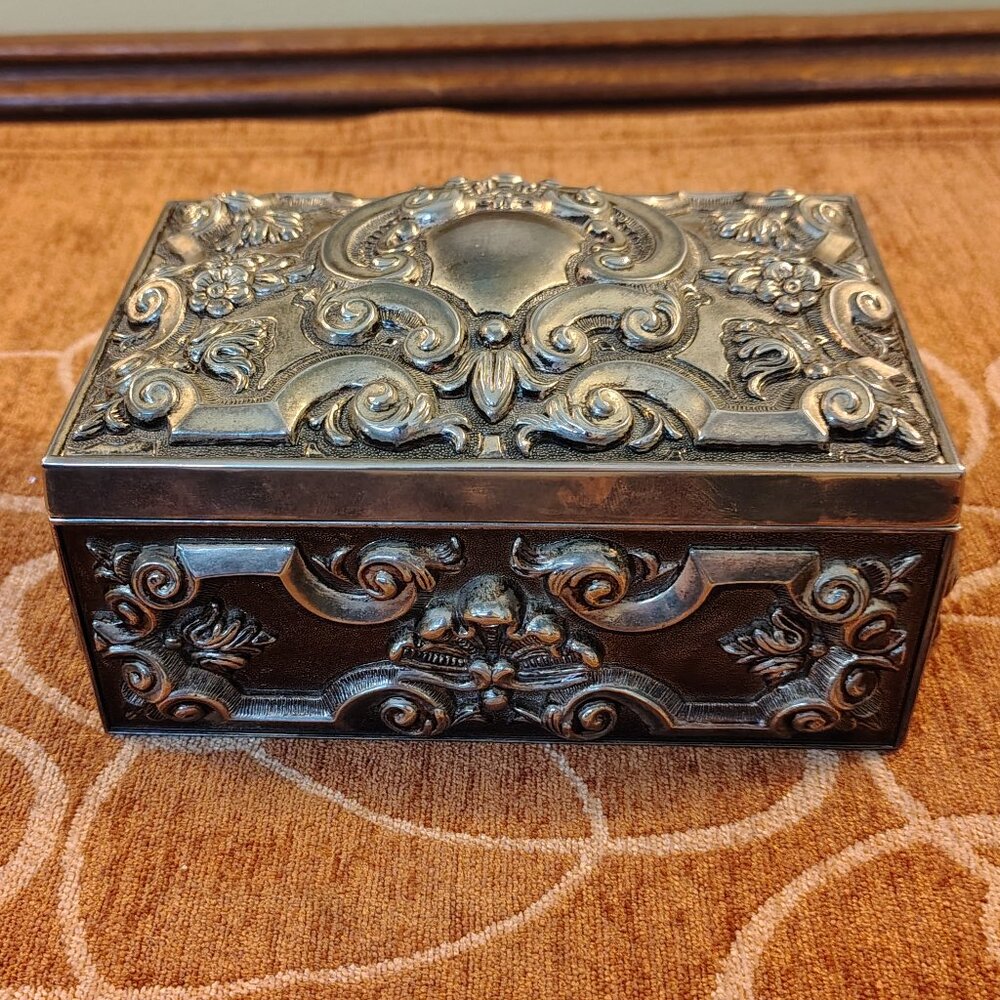 Vintage Silver Plated Jewelry Box Ornate Floral Embossed Red Velvet Lining